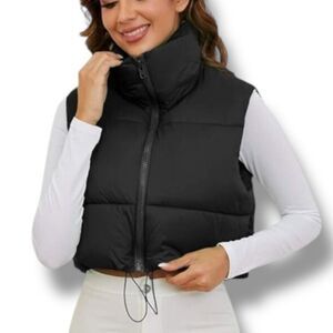 Black Puffer Vest Tall Collar Front Zipper NEW